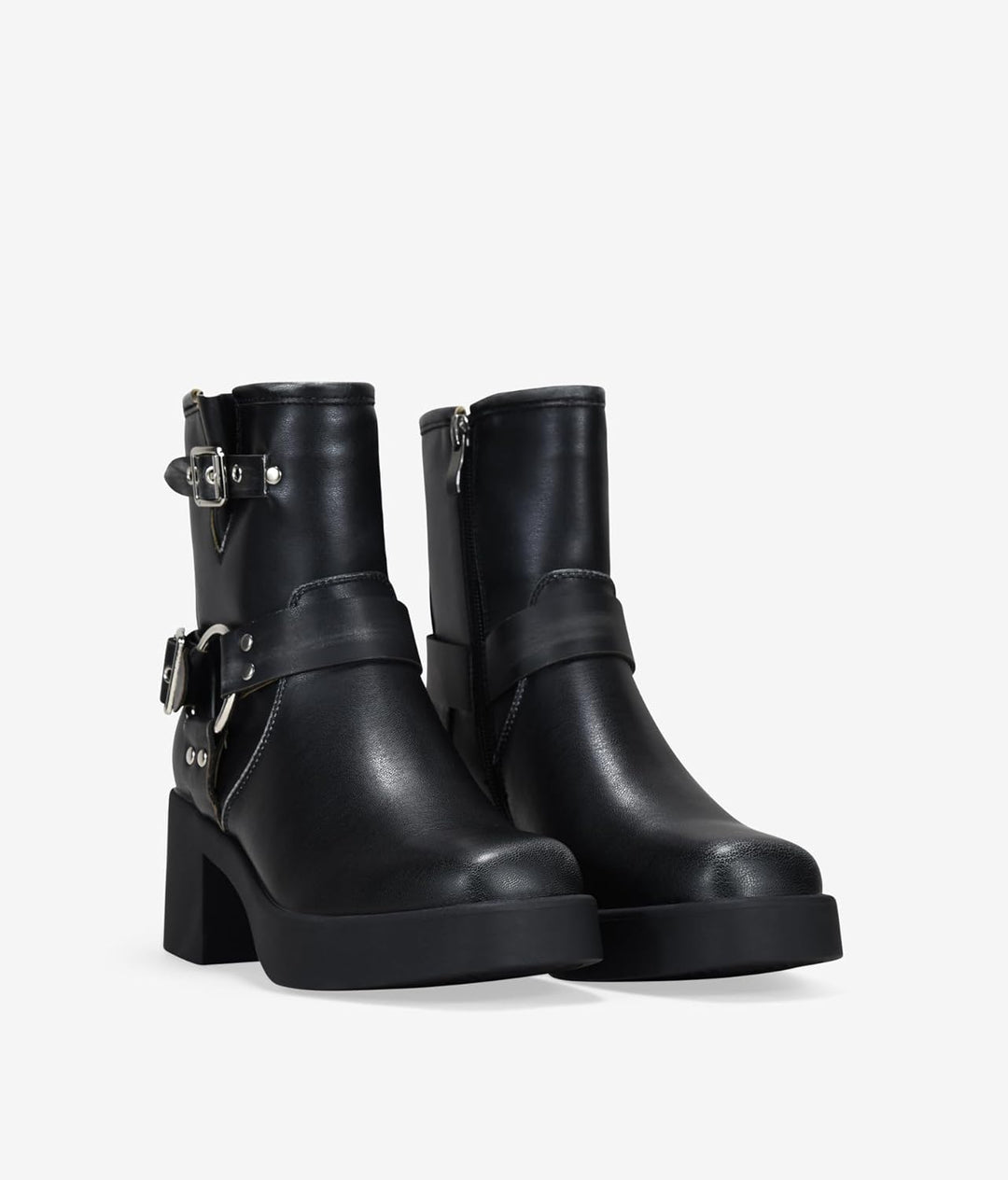 BOSANOVA Damen-Stiefel mit niedrigem Absatz, dekorative Metallschnallen, breiter Schaft, quadratisch