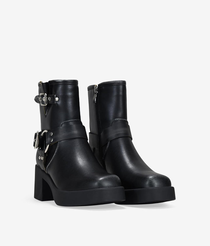 BOSANOVA Damen-Stiefel mit niedrigem Absatz, dekorative Metallschnallen, breiter Schaft, quadratisch