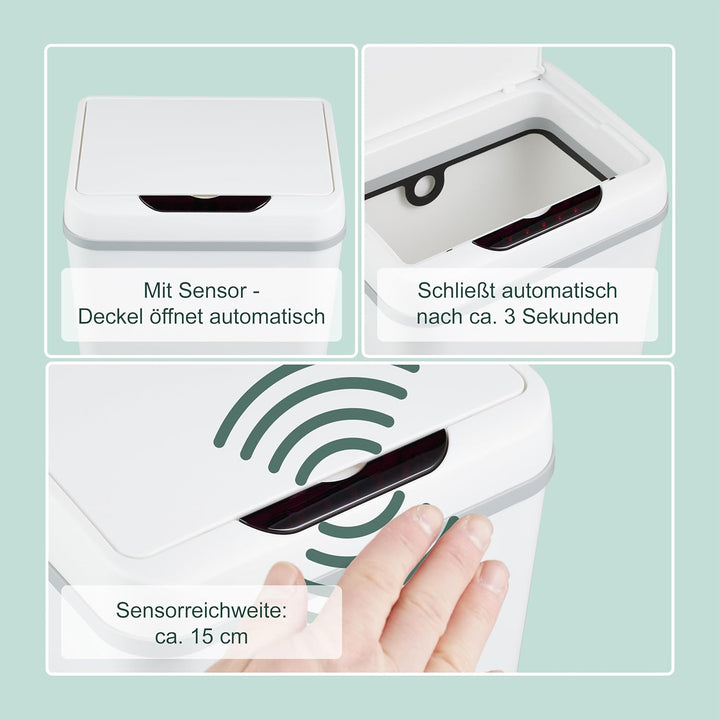 Relaxdays Mülleimer Bad, mit Sensor, 9 Liter, elektrischer Deckel, Müllbeutelhalter, Badezimmereimer