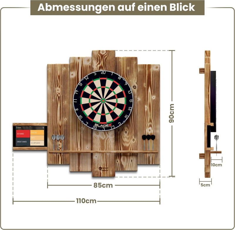 Wooden Dartboard Surround | Premium Dart-Wandschutz & Tablet-Halter (Optional) | Geflammter Burned L