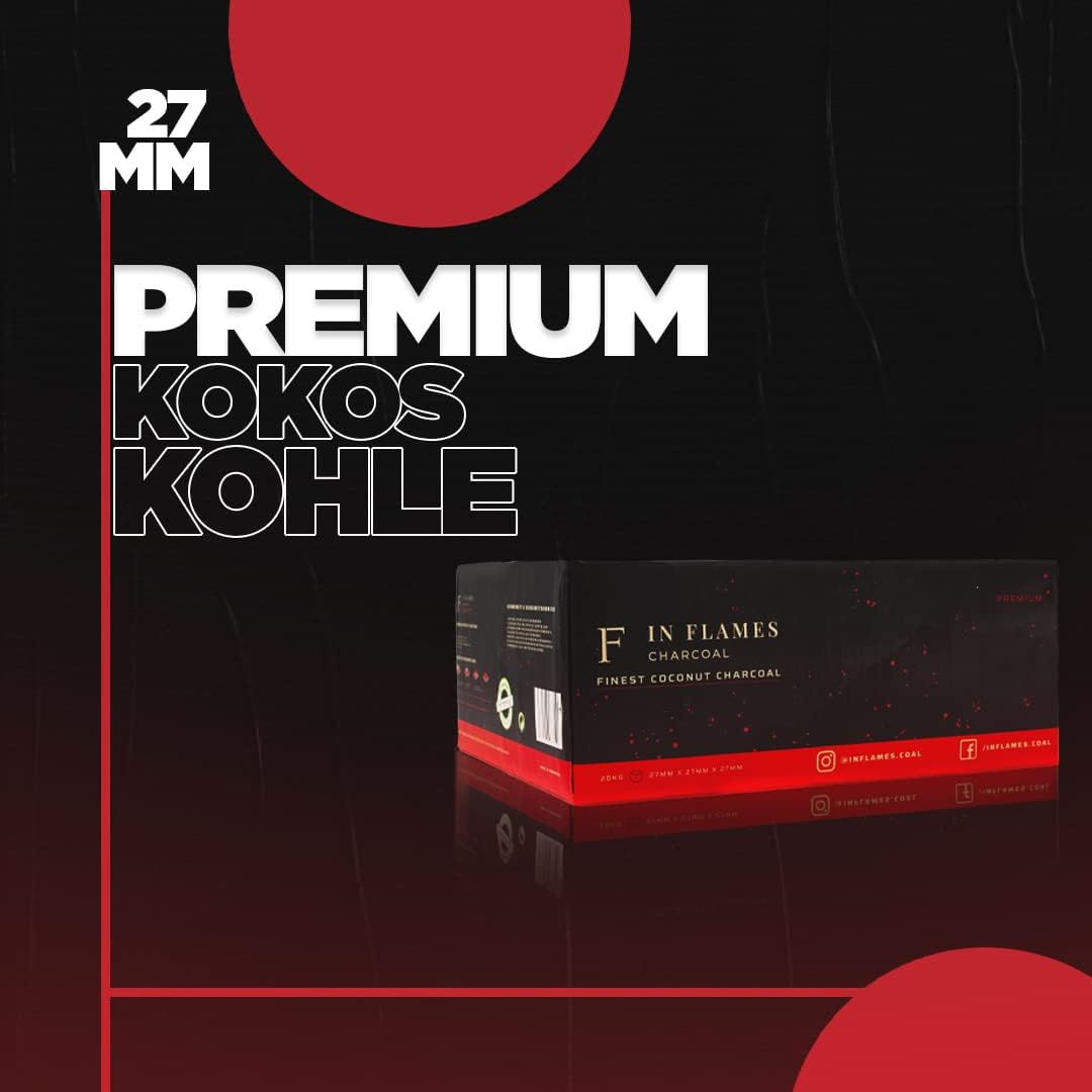 In Flames Kohle 20 kg - mit extra Langer Brenndauer - Hochwertige 27er Kokosnuss Briketts - einzeln