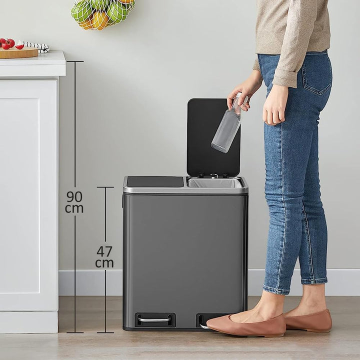 Panana Mülleimer, 2 x 15 L, 2 Fächer, Mülltrennsystem, Treteimer, Abfalleimer Küche, 15 Müllsäcke, a