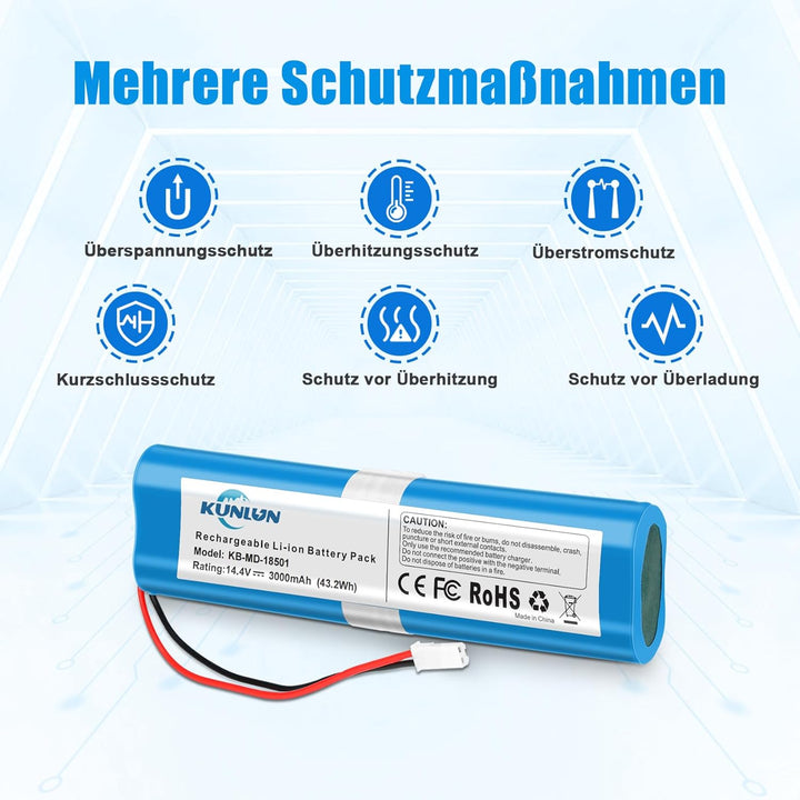 KUNLUN 3000mAh 14.4V Ersatzakku für iLife V3s Pro V50 V5s Pro V8s X750 für Medion MD 18500, MD 18501