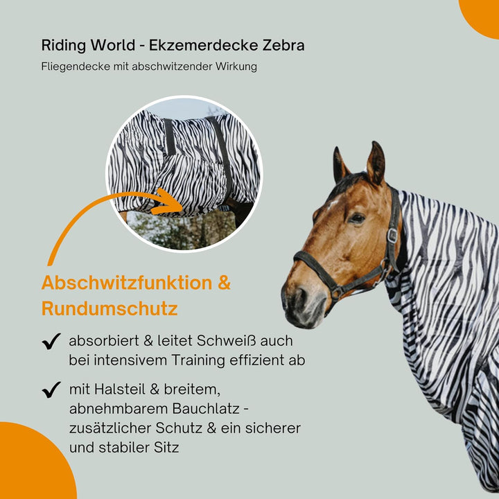 Riding World - Ekzemerdecke Zebra | Fliegendecke mit abschwitzender Wirkung | Pferdedecke mit Bauchl