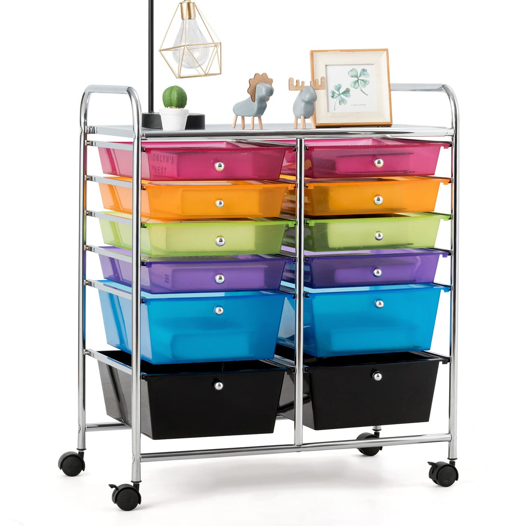 COSTWAY Rollwagen mit 12 stapelbaren Schubladen, Schubladenwagen Rollcontainer mit Metallgestell und