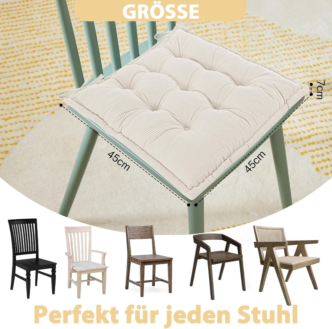 Indoor Sitzkissen Stuhl 2er Set – Komfortable Cordstoff-Sitzmatte Stuhlkissen mit Bändern, Hochwerti