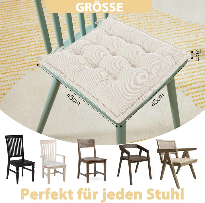 Indoor Sitzkissen Stuhl 2er Set – Komfortable Cordstoff-Sitzmatte Stuhlkissen mit Bändern, Hochwerti