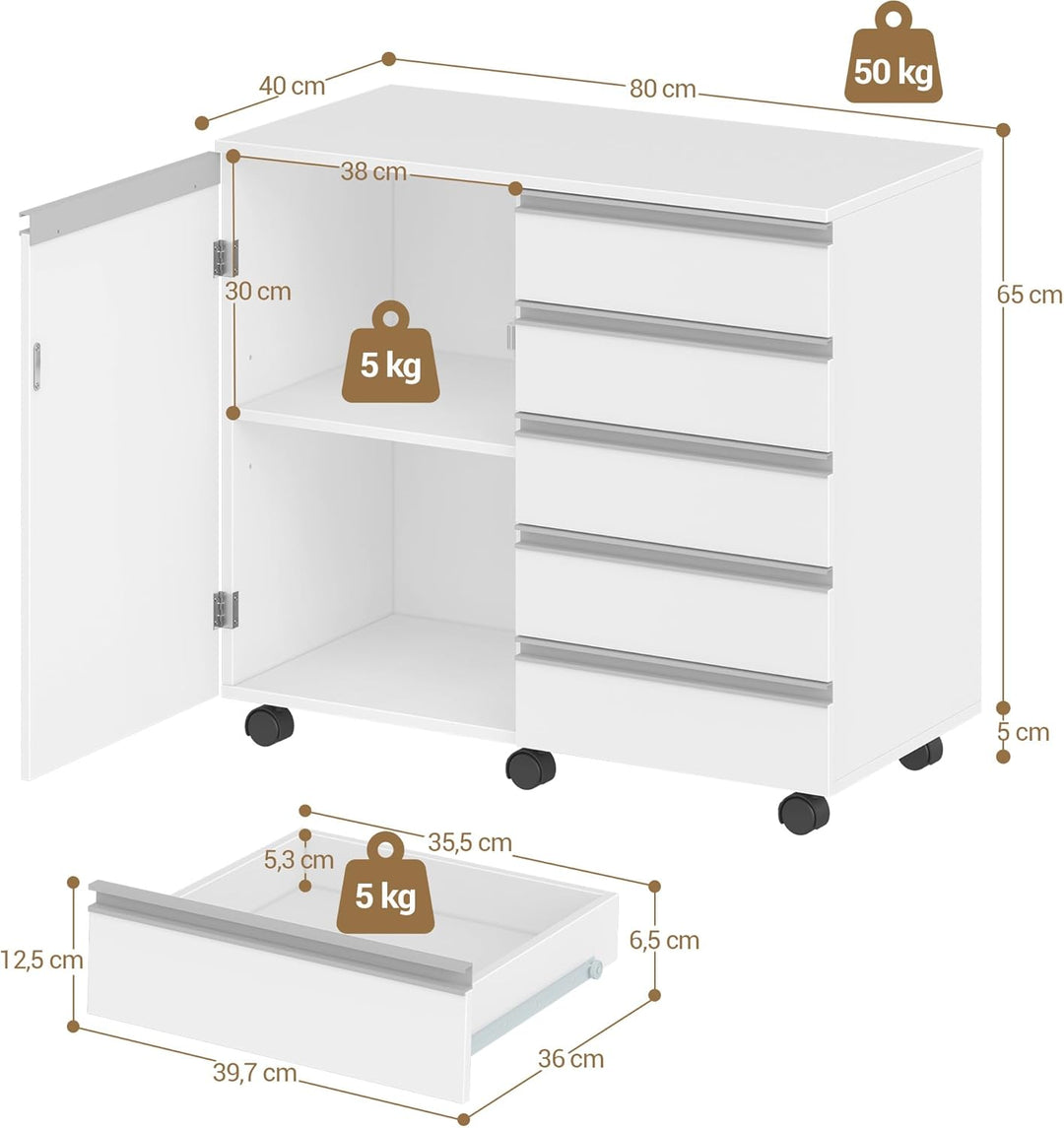 Hzuaneri Rollcontainer mit 5 Schubladen & Schranktür, Mobiler Aktenschrank mit Rollen, platzsparende