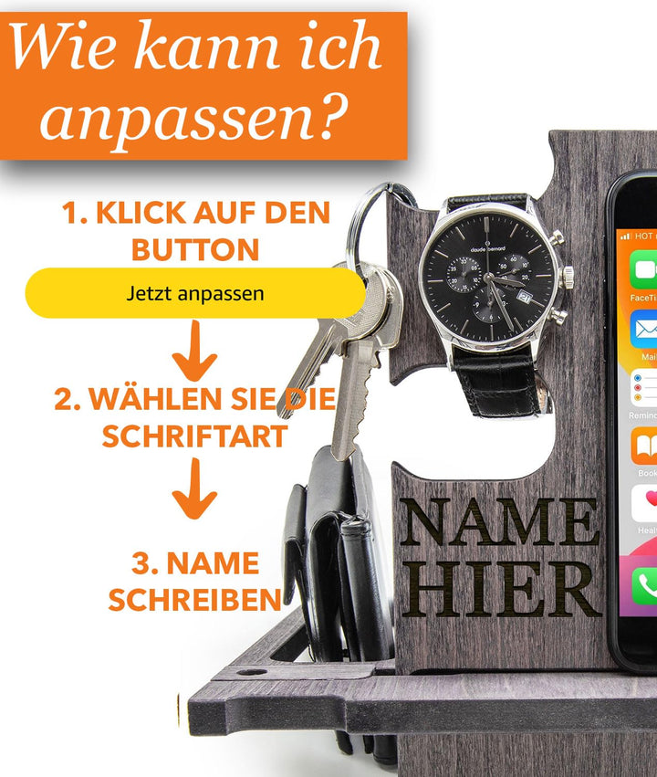 Docking Station personalisiert – Geschenk für Männer Geburtstag – Handyhalterung Organizer aus Holz