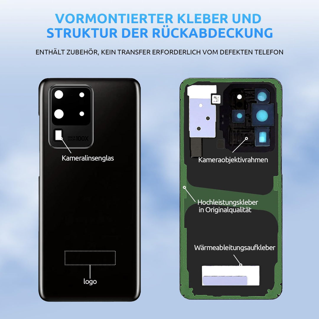 Eonpam Akkudeckel für Samsung Galaxy S20 Ultra G988 Rückseite Glas Backcover Ersatz Reparatur Set mi