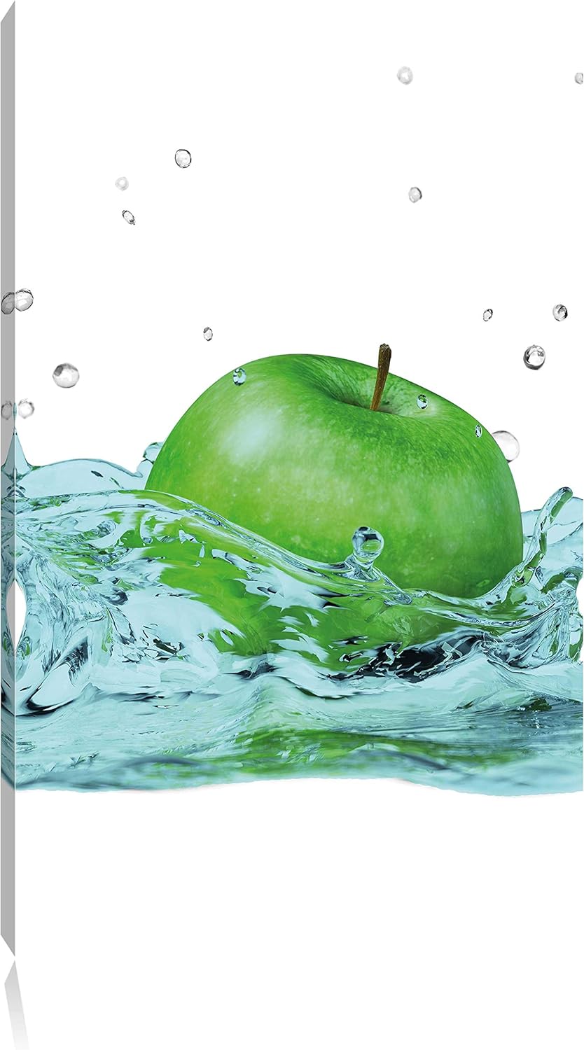 Pixxprint Grüner Apfel fällt in Wasser als Leinwandbild/Grösse: 100x70 cm/Wandbild/Kunstdruck/fertig