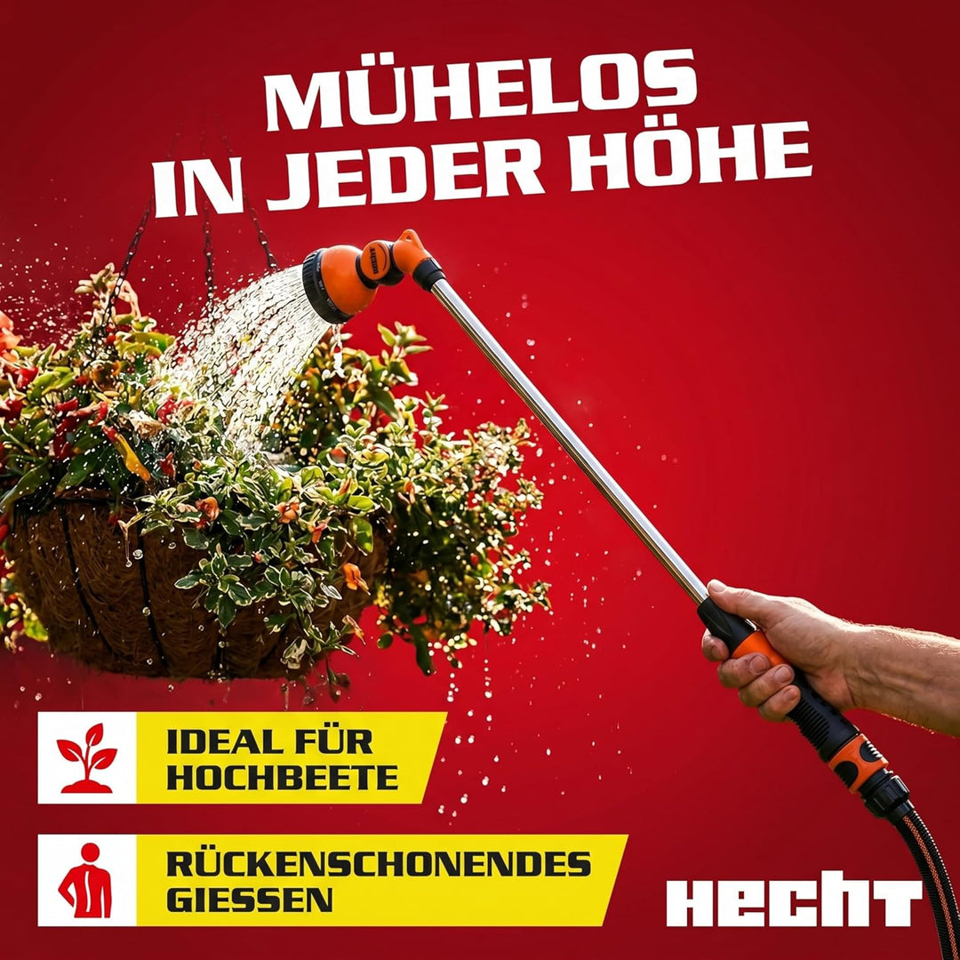 HECHT Gartenbrause mit Giessstab aus Metall, 67 cm, 10 Sprühfunktionen & 180° Sprühkopf, für Gartens