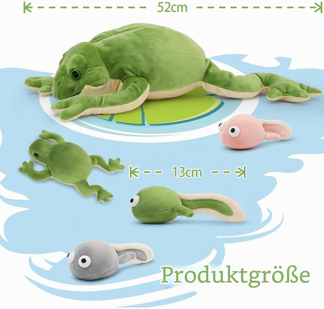 MorisMos 52cm lang Frosch Kuscheltier XXL,Plüschfrosch mit 4 Babys (3 Kaulquappen und 1 klein Frosch