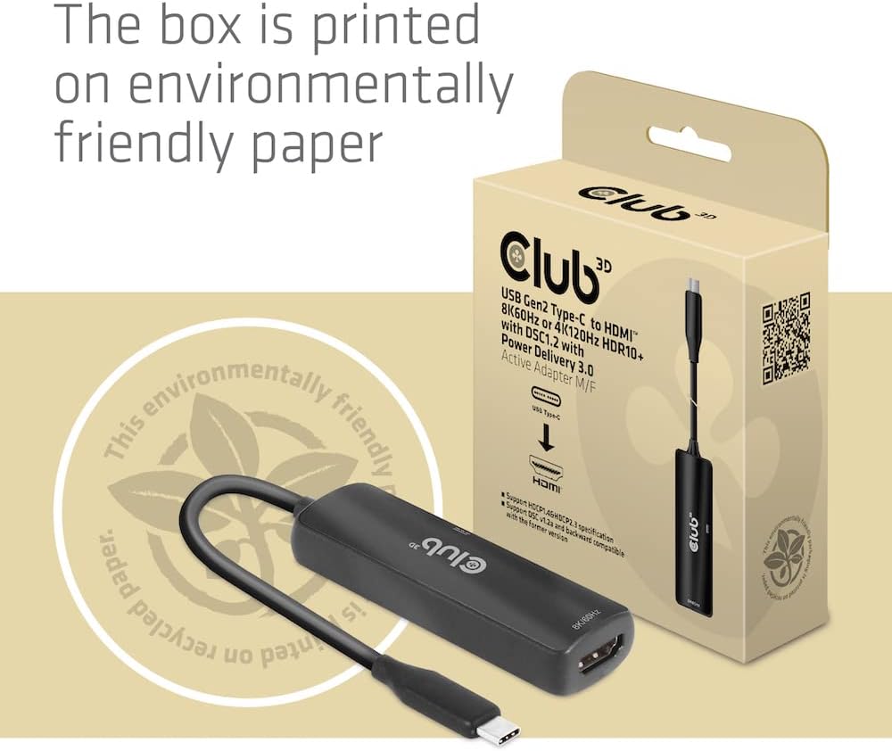 Club3D CAC-1588 USB Gen2 Typ-C zu HDMI™ 8K60Hz oder 4K120Hz HDR10, DSC1.2, Power Delivery 3.0 Activ