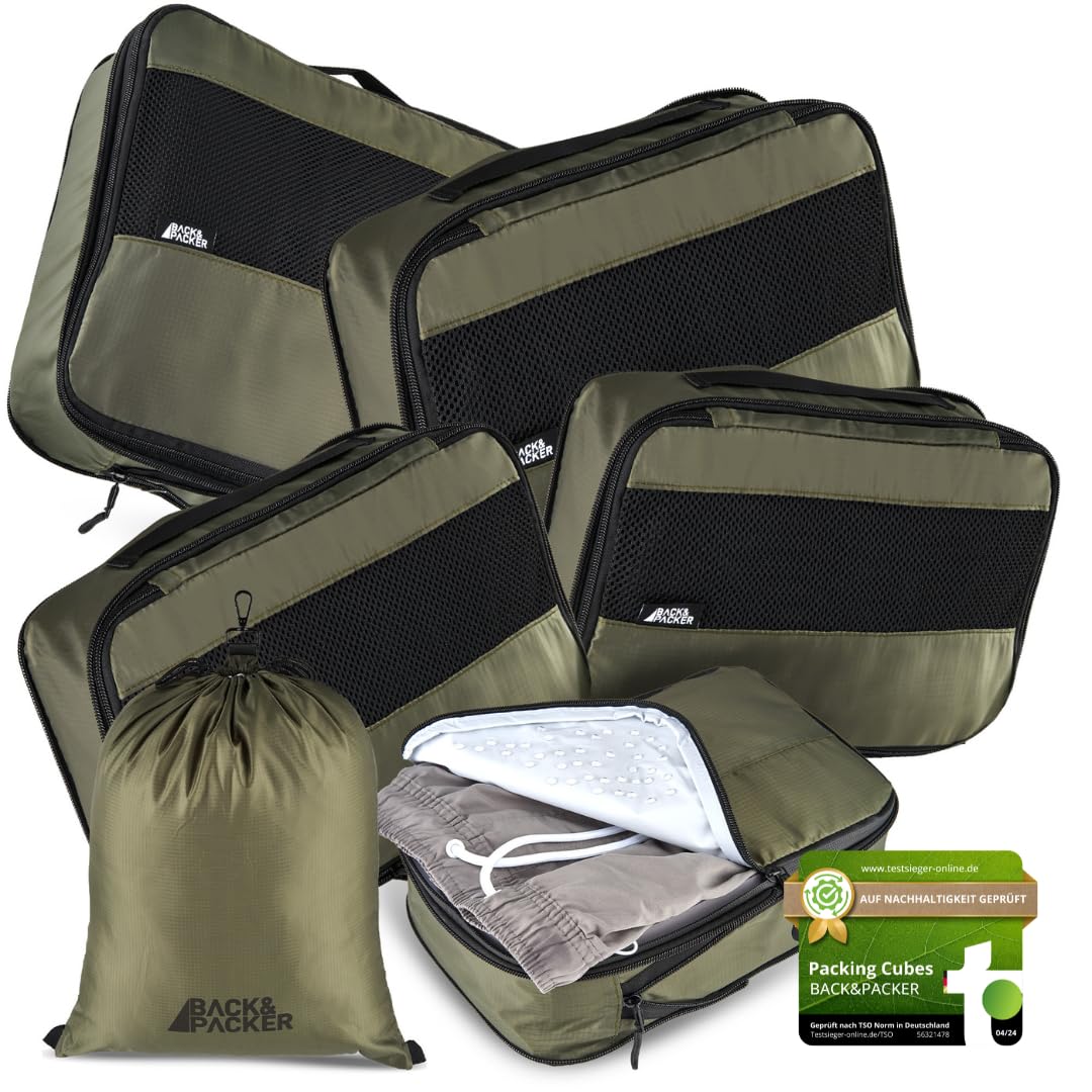 BACK&amp;PACKER® Packing Cubes mit Kompression 6-teilig - Packtaschen Set aus recyceltem Material - Leic