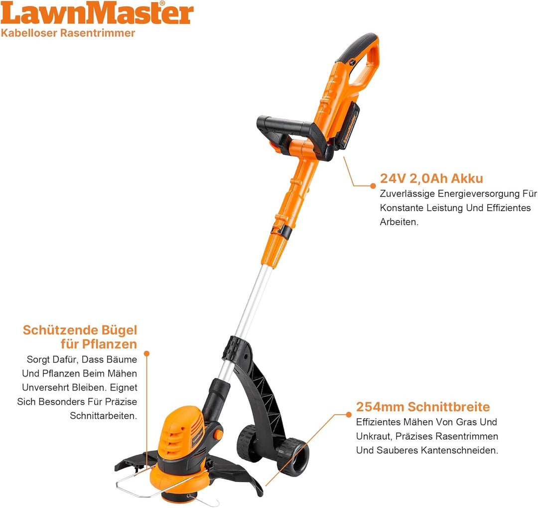 LawnMaster Akku-Rasentrimmer 24V 2,0Ah, inkl. Akku und Ladegerät, 25 cm Schnittbreite, für grössere