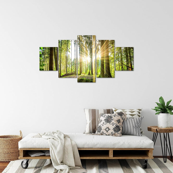 Runa Art Bild Schlafzimmer Wohnzimmer Wald Landschaft 5 Teilig Sonne Grün Wandbilder auf Vlies Leinw