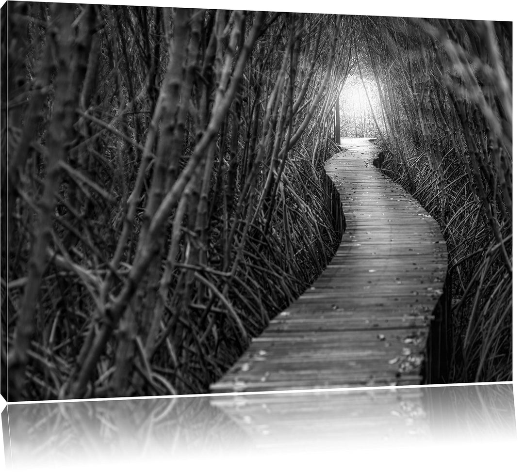 Gehweg im Wald Kunst B&W, Format: 100x70 auf Leinwand, XXL riesige Bilder fertig gerahmt mit Keilrah