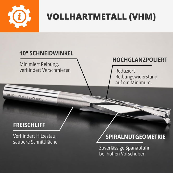 3-Schneider Spiralnutfräser 10° mit Freischliff für Schaumstoff | Hochglanzpoliert | CNC-Fräser für