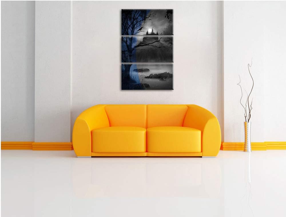 Düsterer Wald mit Burg bei Nacht schwarz/weiss 3-Teiler Leinwandbild 120x80 Bild auf Leinwand, XXL r