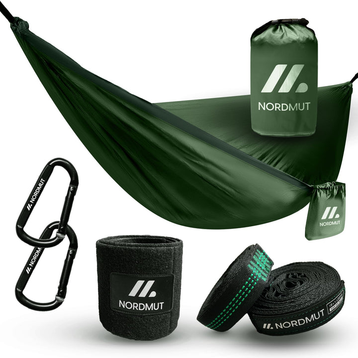 NORDMUT® Ultraleichte Hängematte Outdoor [mit Befestigungs-Set] Camping Hängematte inkl. Baumschutz-