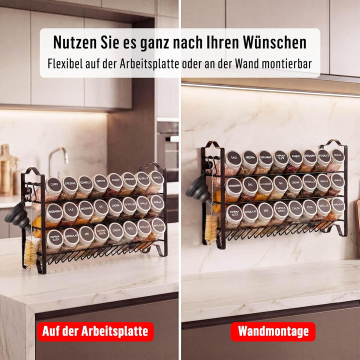 Deco haus Gewürzregal mit Gewürzgläser - 3 stufiges Metall Regal - Küchen Organizer Set, Gewürzständ