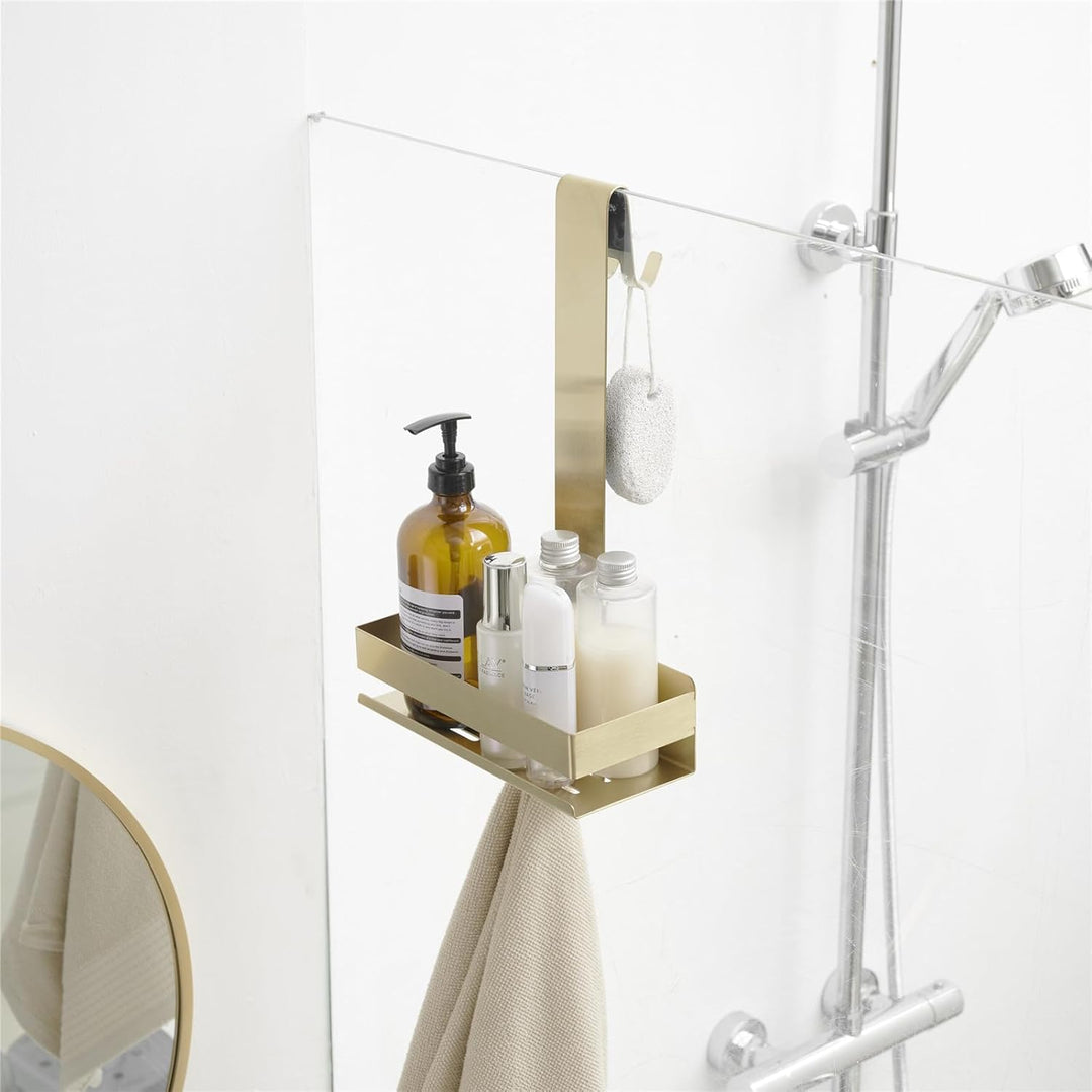 KelelifeDuschablage zum Hängen Gold ohne Bohren, Edelstahl-Haken für Rahmenlose Glastür, Shampoo Hal