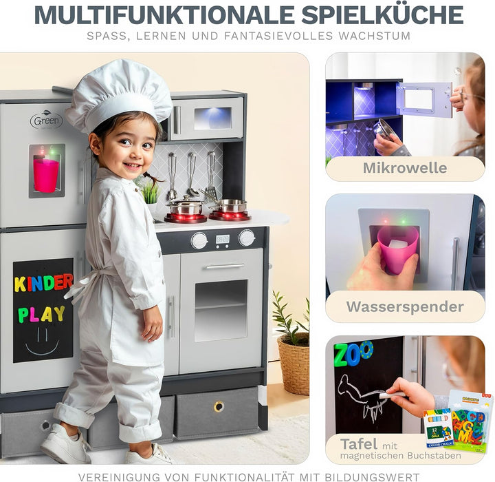 Green series Grosse Spielküche Holz - Graue Kinderküche Holz, Kinder küche mit Licht und Sound, Spie