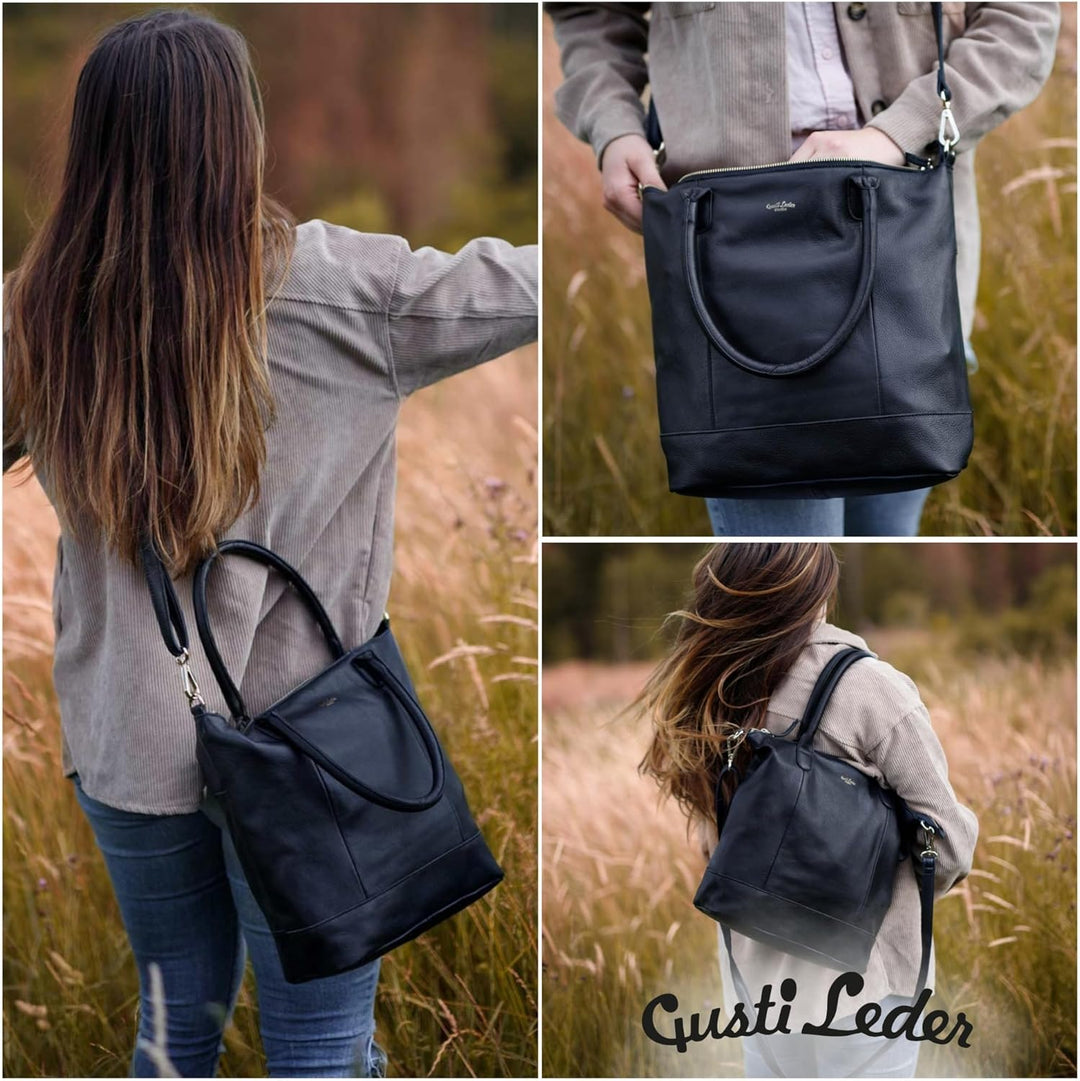 Gusti Shopper Leder - Mia Handtasche Damen Arbeitstasche Schwarz, Schwarz