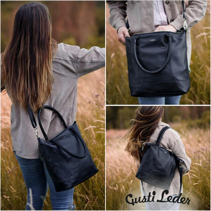 Gusti Shopper Leder - Mia Handtasche Damen Arbeitstasche Schwarz, Schwarz