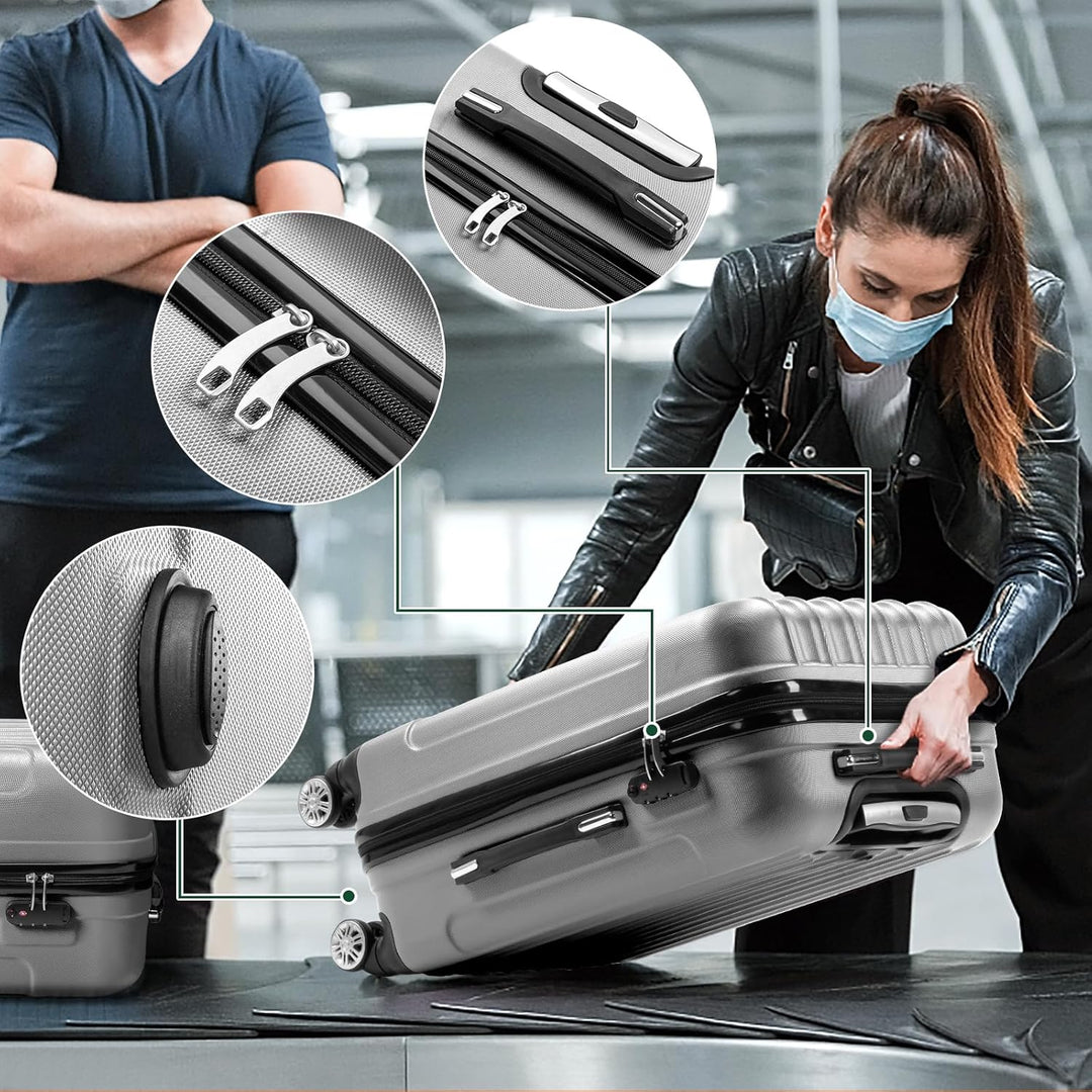 LEADZM 3er Kofferset Rollkoffer Hartschalen Reisekoffer Trolley Set Handgepäck 4 Rollen (Silbergrau)