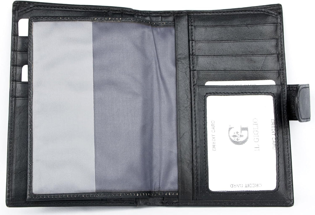 Damen Italienisches Schwarz Leder Portemonnaie Il Giglio mit herausnehmbarem Reisepass Tasche