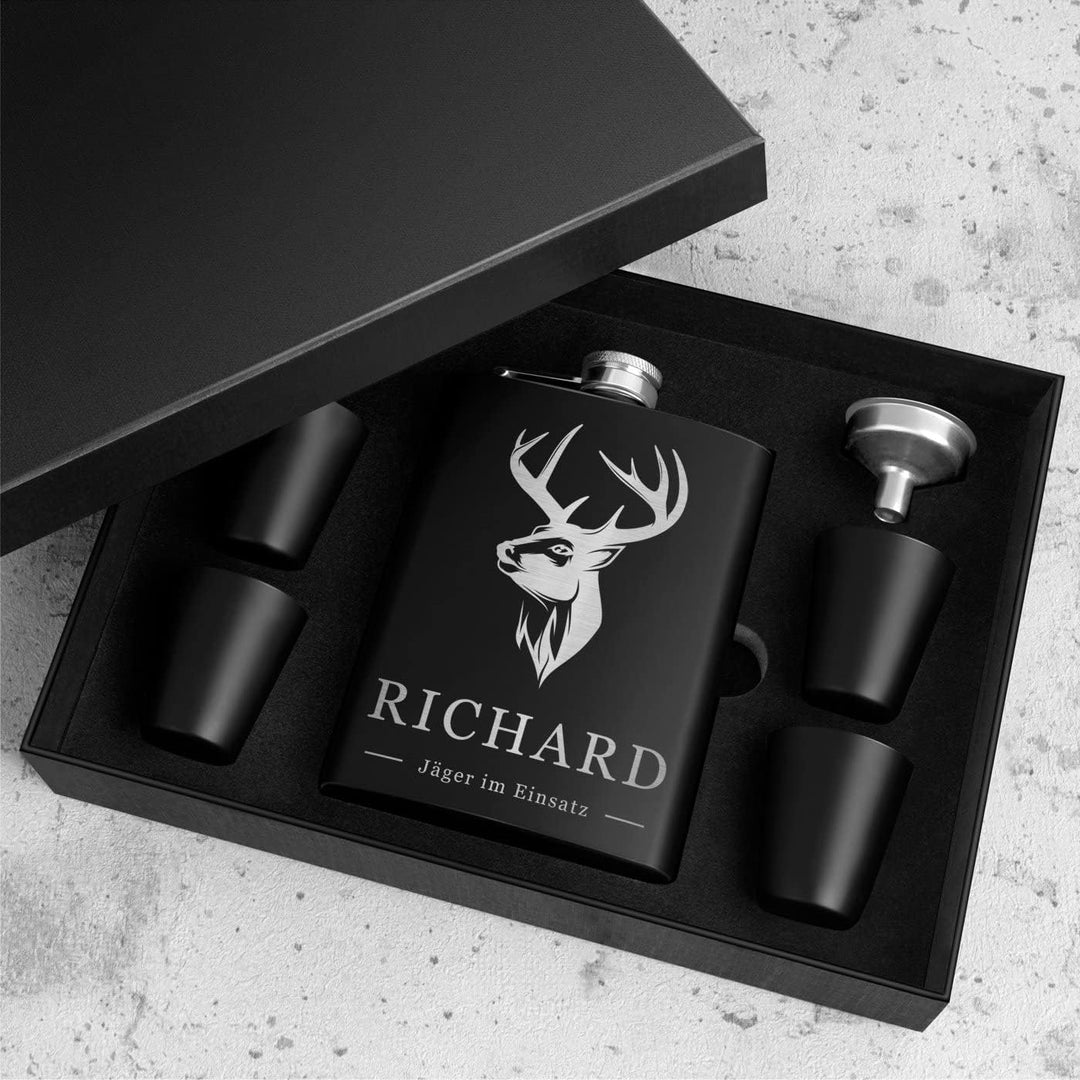 Maverton Flachmann Set 200 ml mit Gravur - Taschenflasche + 4 Schnapsgläsern 20 ml mit Trichter - Br