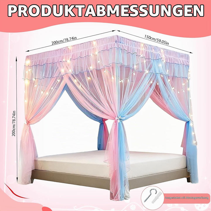 YOUYIKE Betthimmel Mädchen, 200x150x200cm Rosa Blau Zweifarbiger Moskitonetz mit LED Warmweiss Licht