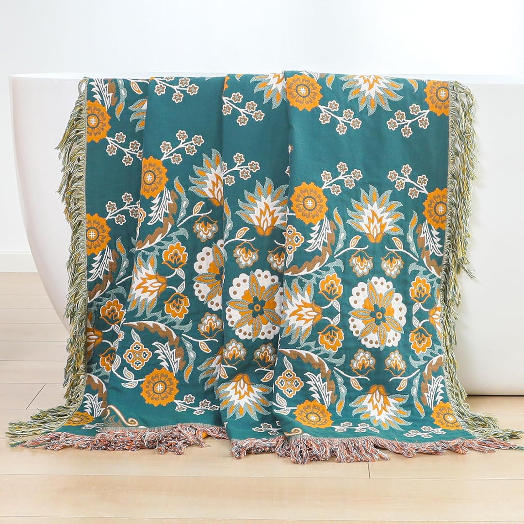 HOORDRY 100% Baumwolle Decke 230 x 250CM Boho Tagesdecke Doppelseitig Kuscheldecke Sofaüberwurf Wend