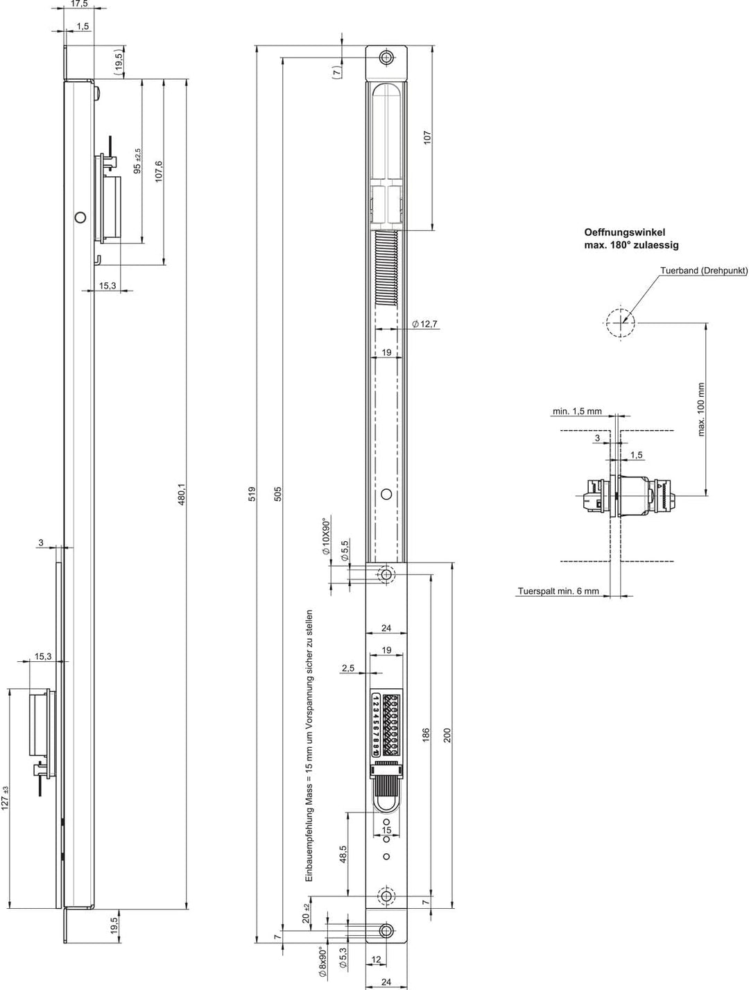 Kabelübergang verdeckt, steckbar 10314, 519 x 24 x 17,5 mm, Edelstahl ; 1 Stück 519 mm, 519 mm