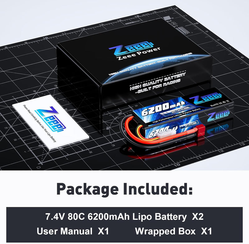 Zeee 2S Lipo Akku 7,4V 80C 6200mAh mit Deans Steck Hardcase RC Batterie für RC Auto RC Flugzeug RC H