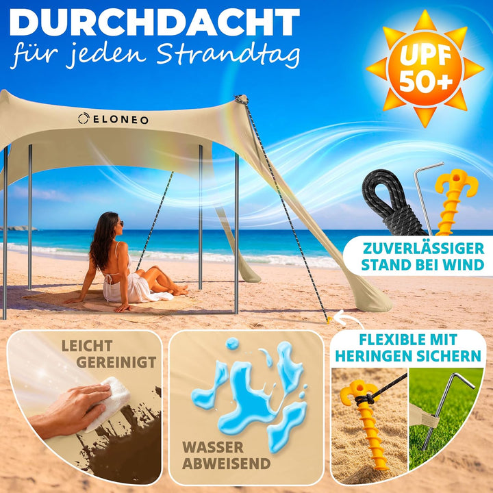 ELONEO Strandzelt, Sonnensegel Strand 228x214x200 cm, LSF 50+, Sonnenschutz für Strand mit Sandschau