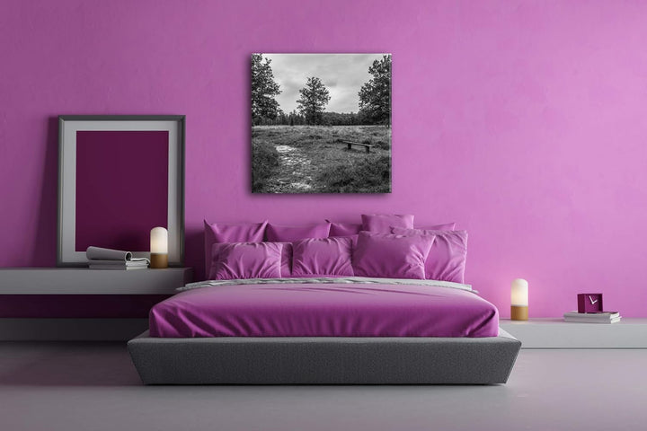 deyoli einsame Bank im Wald Format: 70x70 Effekt: Schwarz&Weiss als Leinwandbild, Motiv fertig gerah