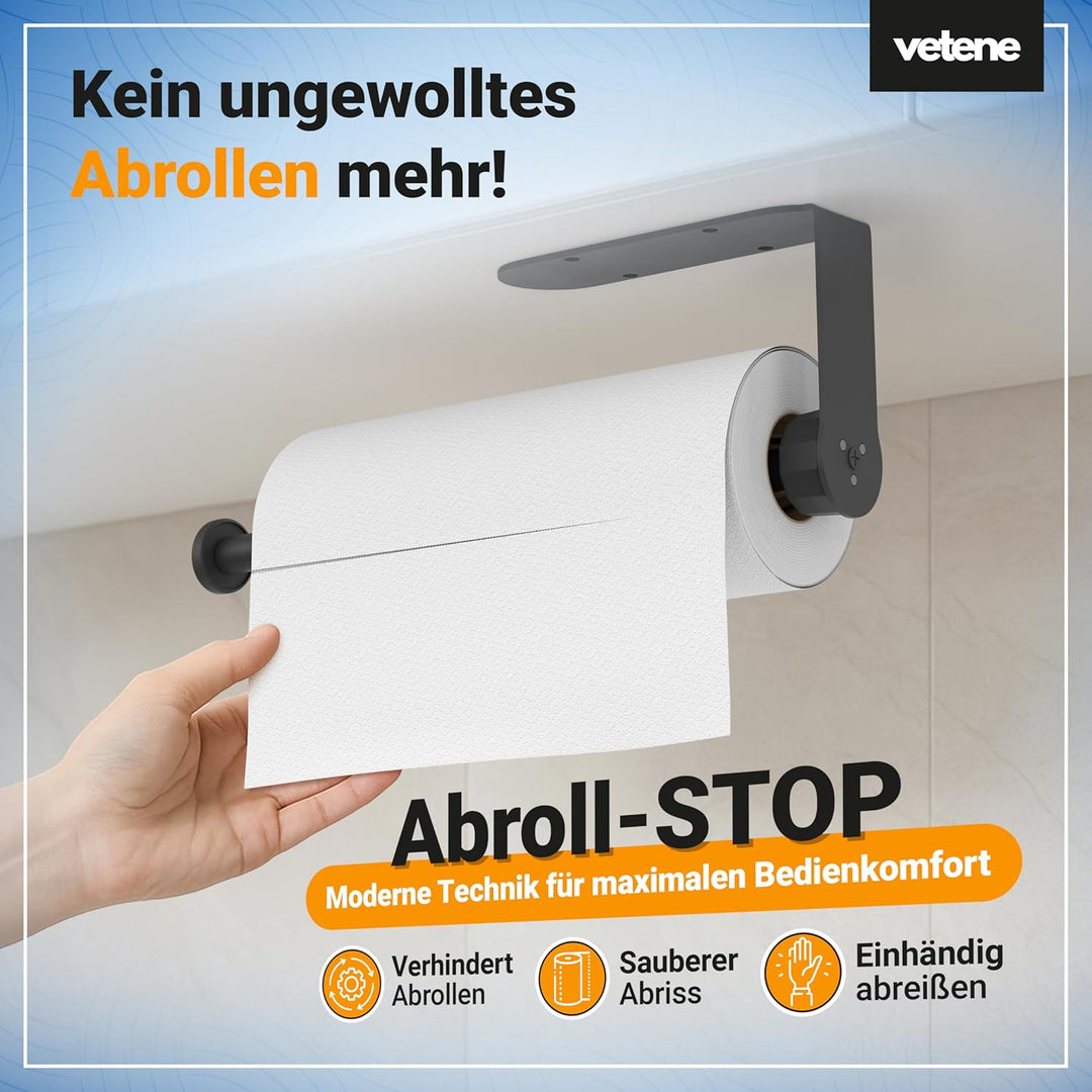 vetene® Küchenrollenhalter ohne Bohren [Einhändig Abreissen] – Edelstahl Schwarz – mit Abroll-Stop –