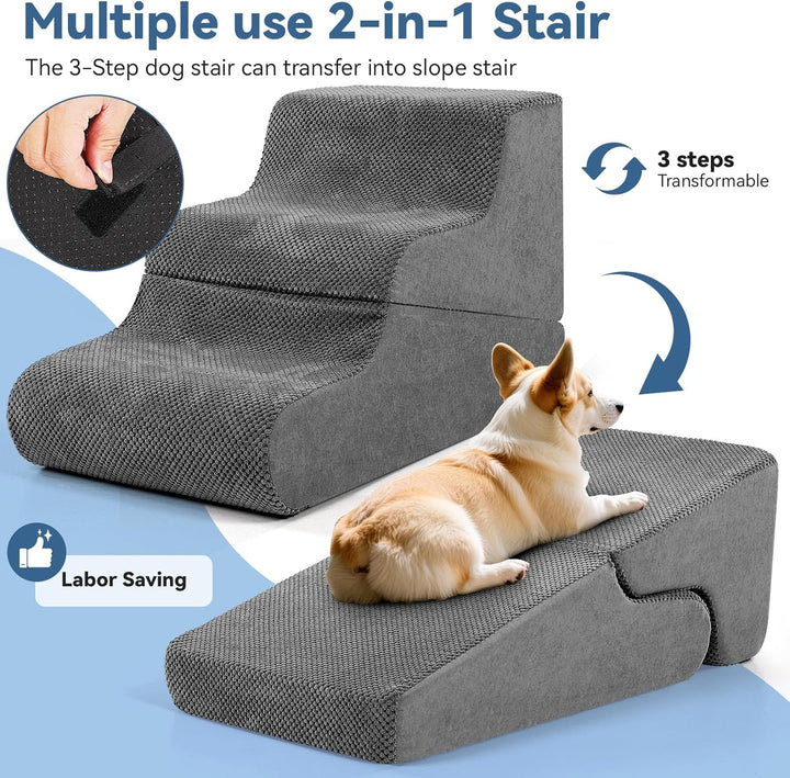 Hundetreppe für Bett kleine Hunde, 40 cm hoch, 2-in-1 umwandelbare 3-stufige Haustiertreppe und Ramp