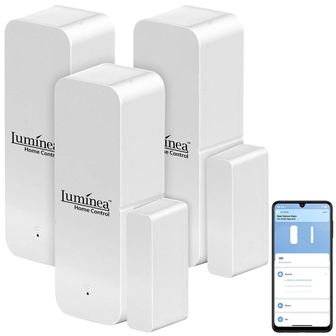 Luminea Home Control Fenstersensor: 3er-Set ZigBee-Tür- & Fensteralarm, für Alexa, GA und Siri, App