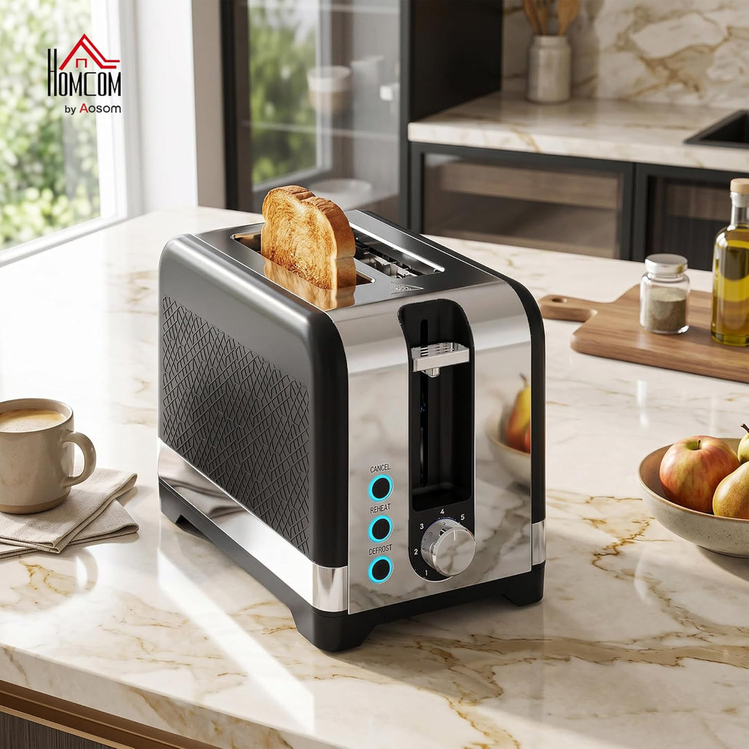HOMCOM Toaster 2 Scheiben mit 7 Bräunungsstufen, Aufwärmen, Auftauen, Abbruch, Brötchenaufsatz, Selb