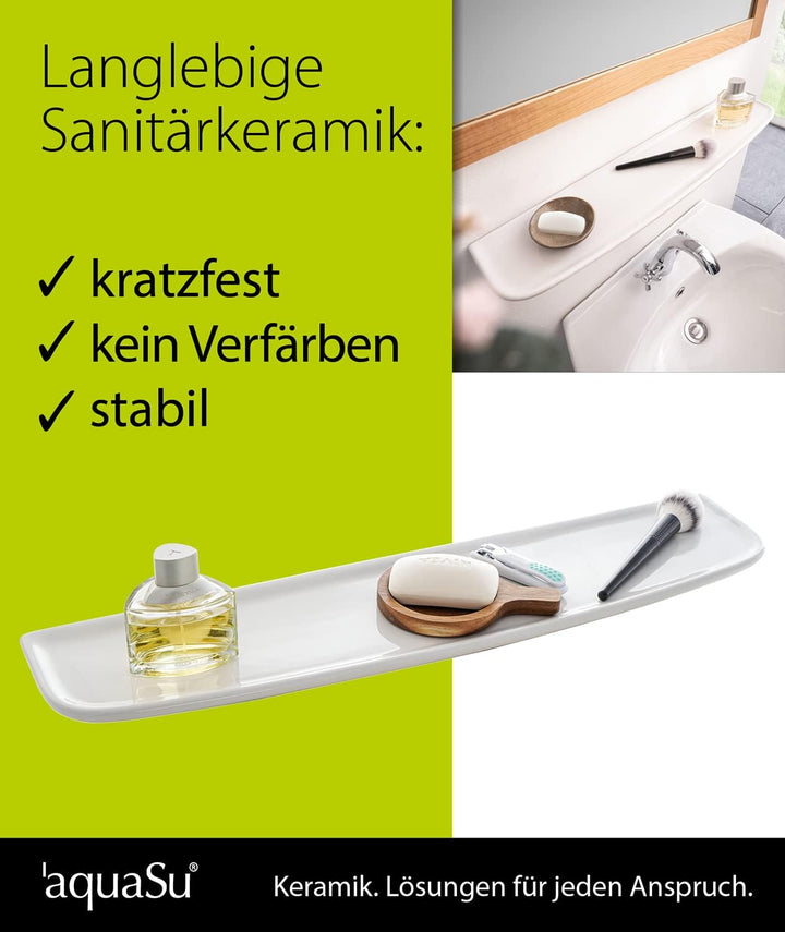 aquaSu® Badablage weiss 60 cm - Made in EU - Badregal mit Überlaufschutz - robuste Sanitärkeramik -