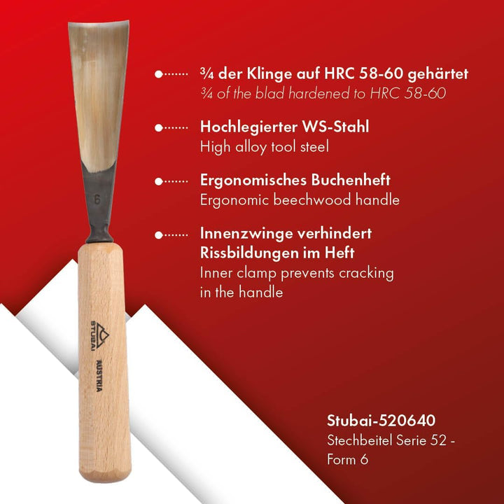 STUBAI Stemmeisen Stechbeitel Serie 52 - Form 6 | Gerades Hohleisen - 40 mm, mit Holzgriff, für Figu