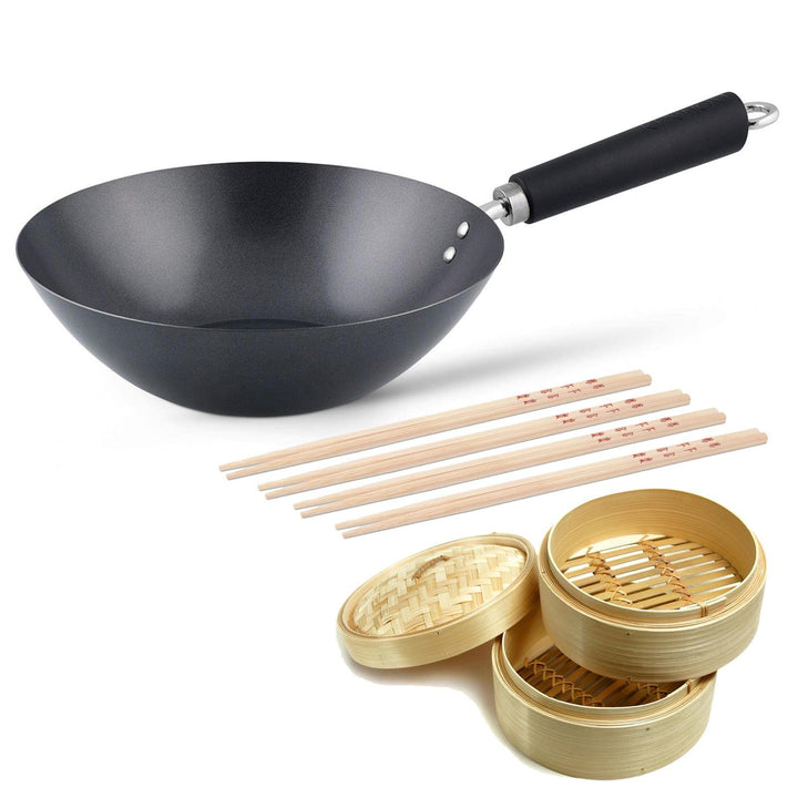 Ken Hom Wokpfanne 27 cm Induktion aus Karbonstahl antihaftbeschichtet mit Phenolharz-Griff - Wok Set