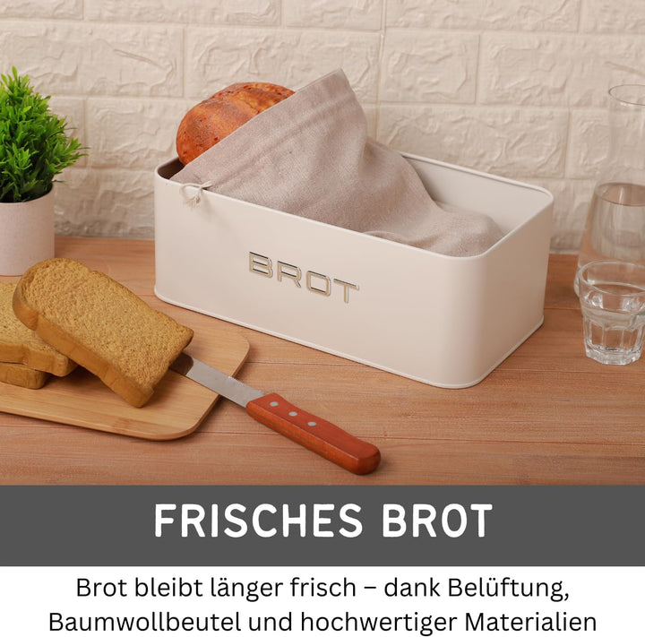 Brotkästen Metall mit Bambusdeckel – Moderne Brotbox Küche – Brot aufbewahren Inkl. Baumwollbeutel –