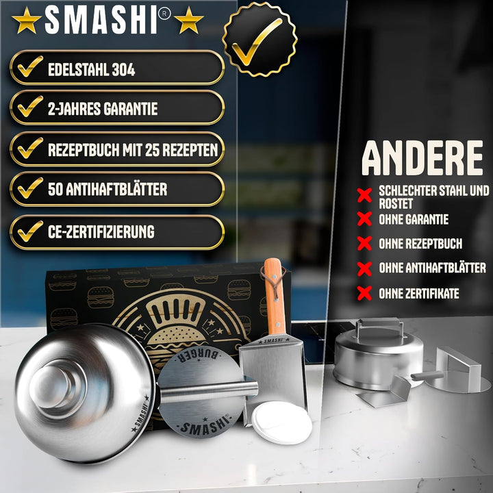SMASHI® Smash Burger Set mit Holzgriffen – Grillzubehör aus Edelstahl 304 Burgerpresse, Spachteln &
