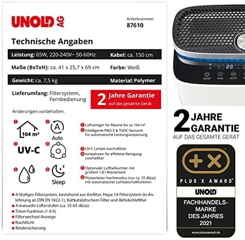 Unold 87610 Luftreiniger+ Luftbefeuchter Omega - Weiss, entfernt Pollen, Staub, Viren, Allergene, Ra