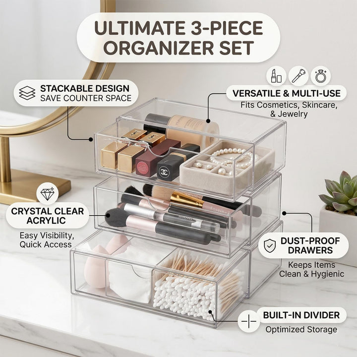 ALINK Badezimmer Organizer Mini mit Schubladen 3 Set, aus Acrylic stapelbar Transparent,für Kommode
